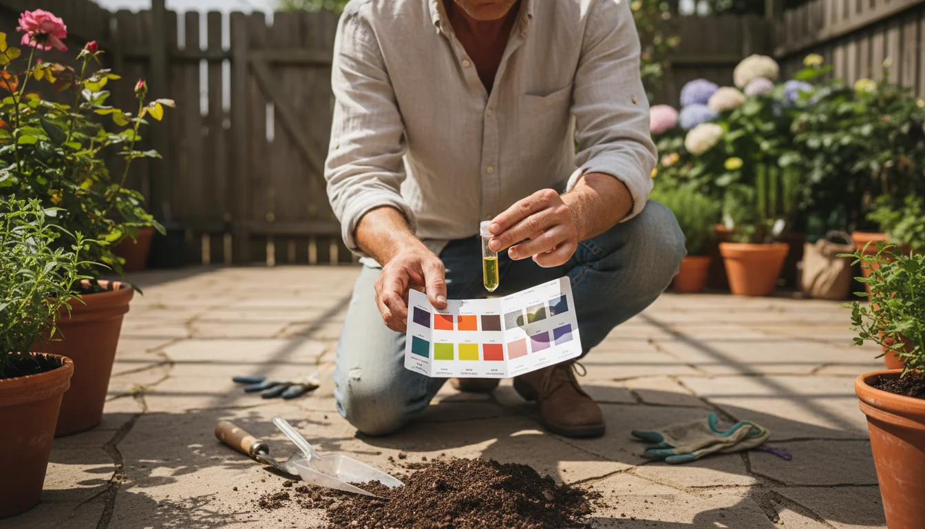 Gardener on a patio comparing a soil pH test vial to a color chart, with used potting mix and a plant tag for acid-loving hydrangeas nearby.
