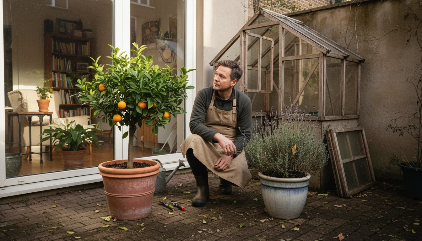 Gardener on a patio considering two container plants, with a bright indoor space and a cool shed visible as potential winter homes.