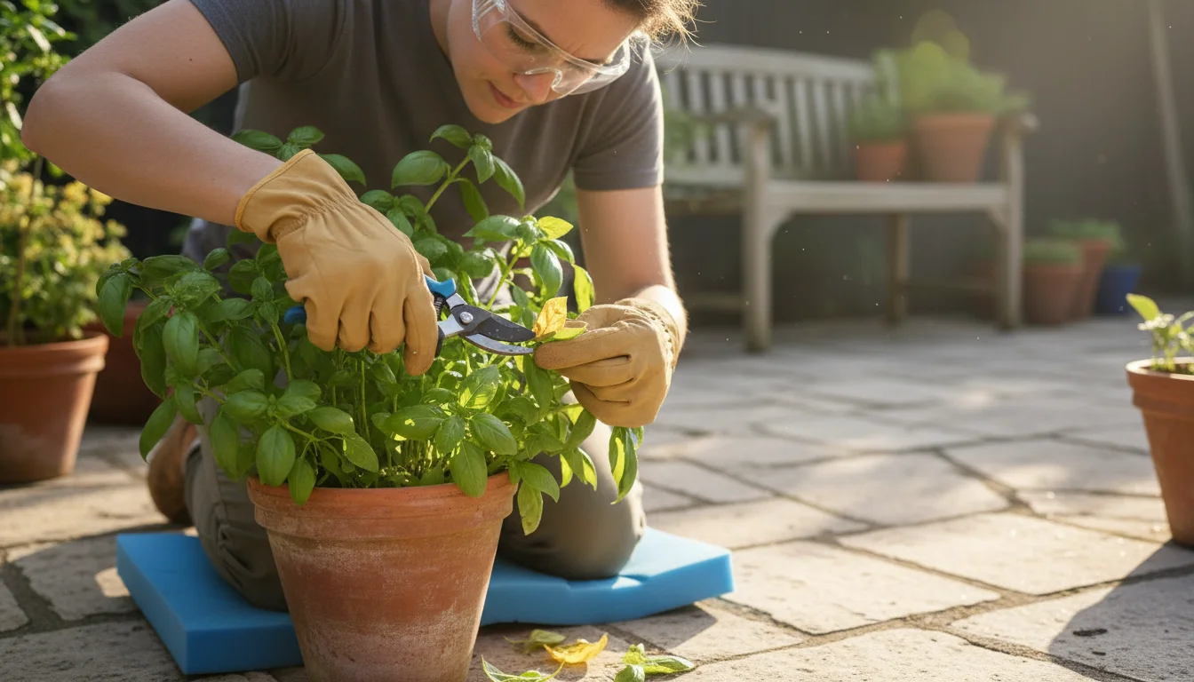Gardener on a patio kneels on a pad, wearing gloves and safety glasses while pruning a potted herb plant.
