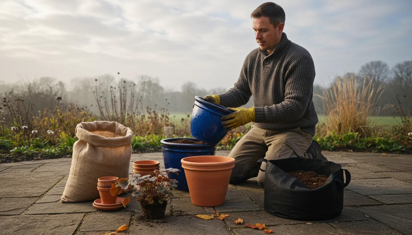 A gardener on a patio thoughtfully chooses between different empty pots, with potting mix and a small dormant perennial plant ready for fall planting.