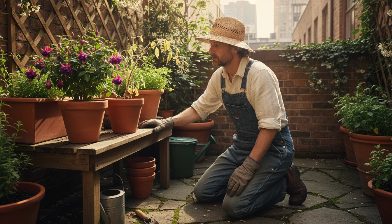 A gardener on a patio thoughtfully compares a healthy potted fuchsia with a struggling annual, deciding which container plant to overwinter.