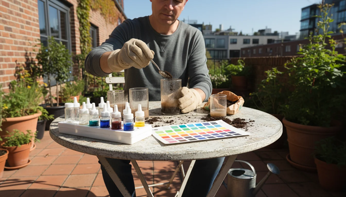 A gardener on a patio uses a soil test kit, adding soil to a test tube, with a color chart visible. Container plants are in the background.
