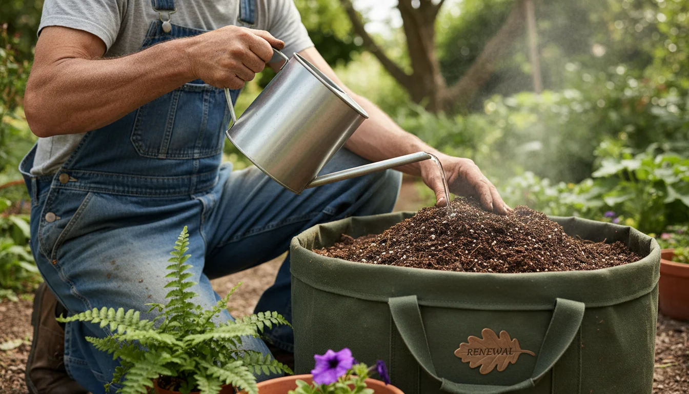 Gardener on a patio gently waters a large fabric tote of used potting mix, showing a distinct area of the mix beginning to moisten.