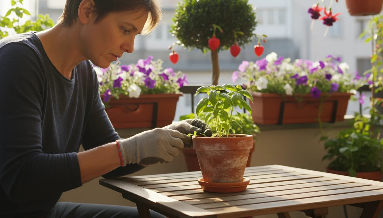 Gardener pinching back a basil plant in a terracotta pot on a sunlit patio table, with other thriving container plants.