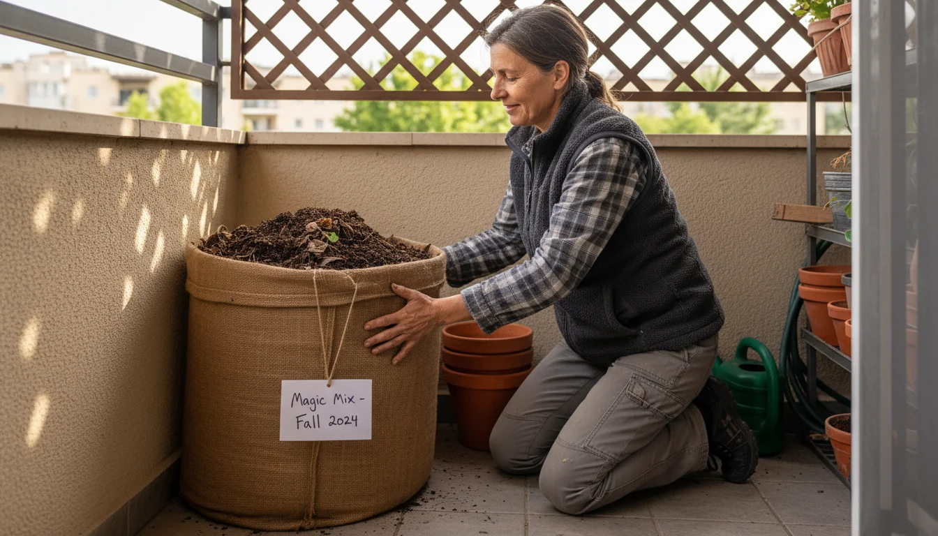 Gardener carefully places a labeled 'Magic Mix' bag for winter storage among neatly stacked empty pots on a small covered patio.