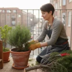 A gardener places pine branches and needles around a rosemary plant in a terracotta pot on a balcony, repurposing a Christmas tree.
