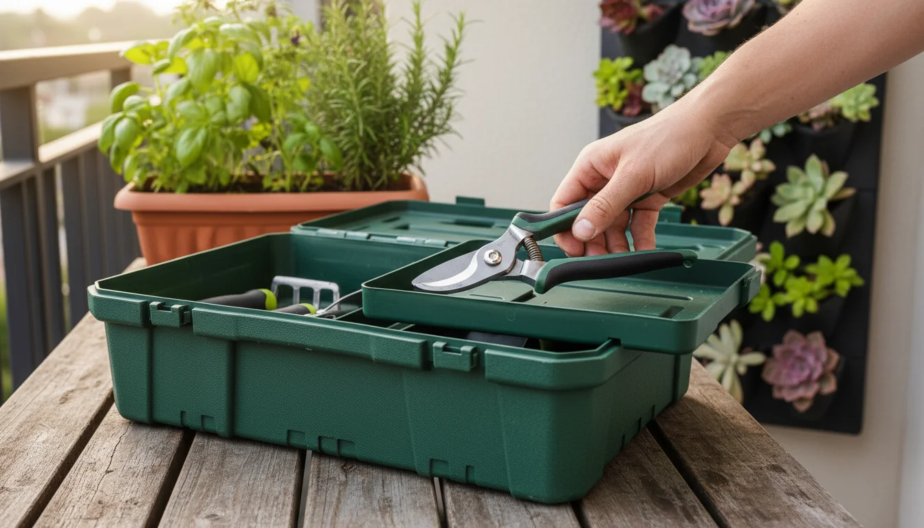 A gardener places a pruner into a forest-green plastic toolbox on a balcony table, with container herbs in background.