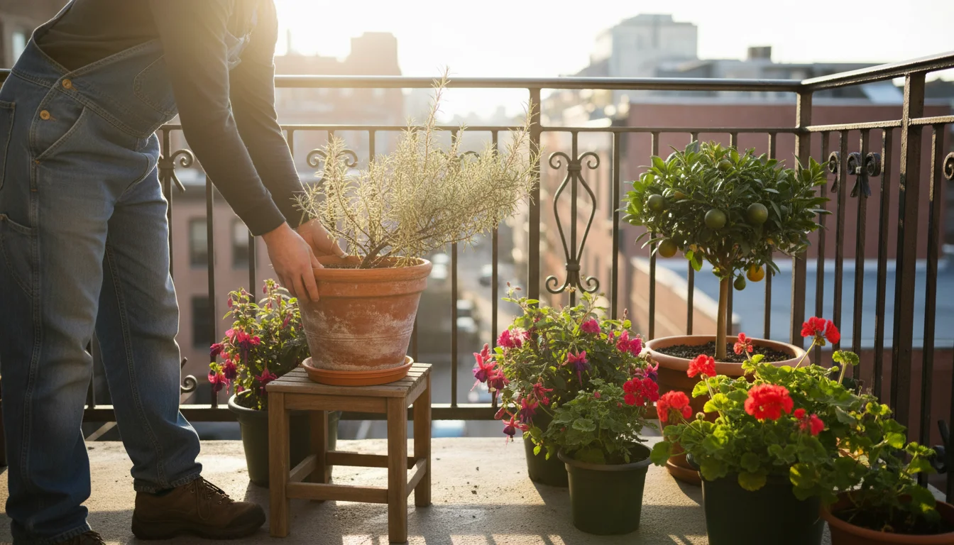 Gardener placing potted rosemary on stand on urban patio, other overwintered plants in dappled spring sunlight.