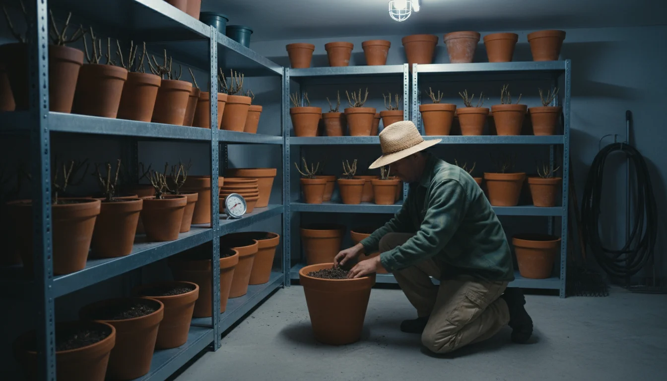 A gardener in practical clothes inspects the soil of a dormant container plant on a metal shelf in a cool, dimly lit utility room, with a thermometer
