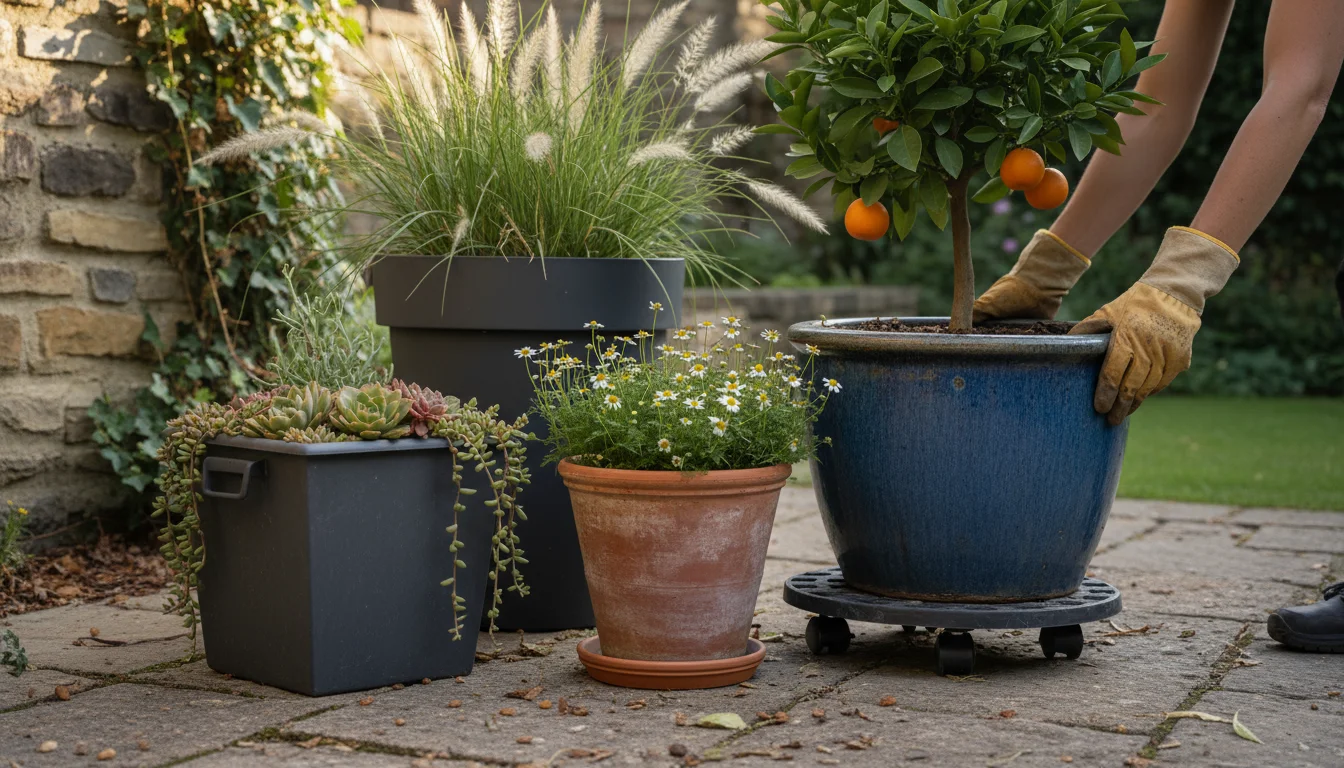 Gardener in practical gloves gently repositions a large potted fruit tree on a wheeled caddy within an artful patio grouping, showcasing clear pathway