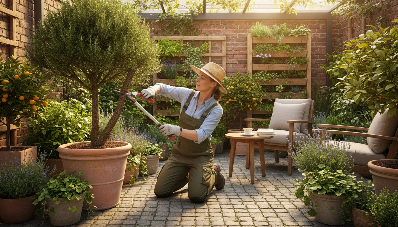 Gardener pruning a dense rosemary bush in a terracotta pot on a sunny patio using long-handled bypass loppers, surrounded by container plants.