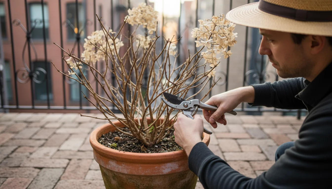 Gardener pruning a dormant 'Little Lime' Hydrangea in a terracotta pot on a brick patio, showing clear view of bare branches.