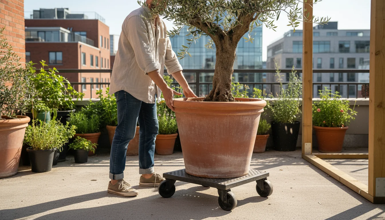 A gardener gently pushes a large olive tree on a wheeled plant caddy across a sunny urban balcony, demonstrating flexible container gardening.