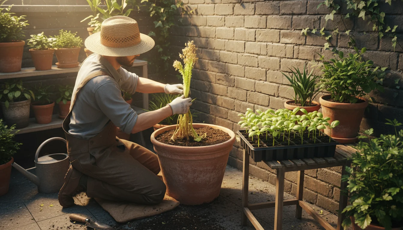 A gardener removes spent lettuce from a patio container, preparing to plant new summer annuals, demonstrating succession planting.