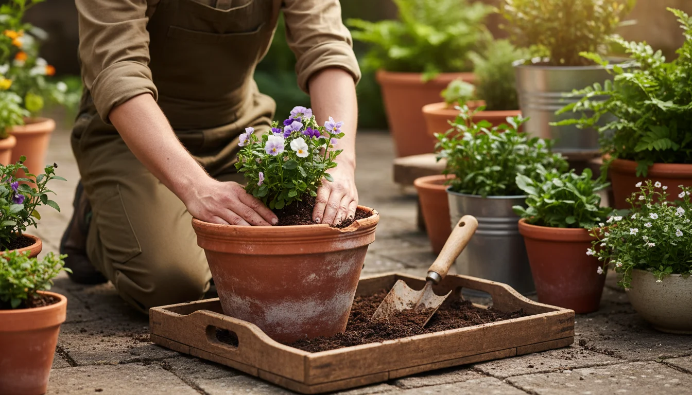 A gardener repots a perennial into a weathered terracotta pot using peat-free compost on a small patio, surrounded by thriving container plants.