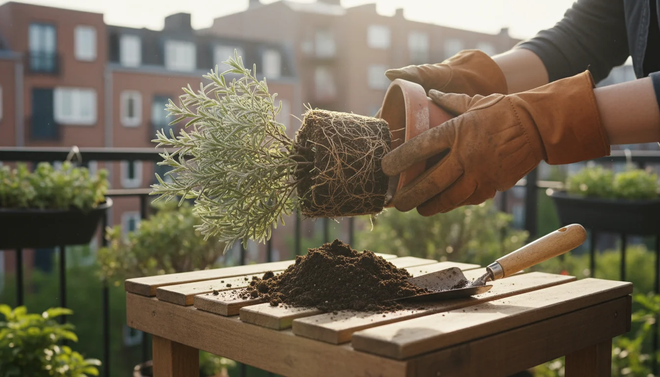 Gardener repotting a dormant lavender plant, exposing its root ball on a small wooden bench with fresh soil.