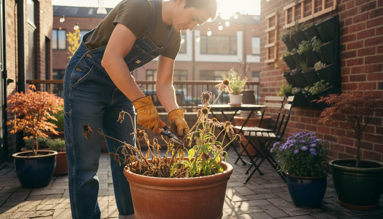 A gardener, seen from a slight distance, prunes dried perennial foliage in a large terracotta pot on a compact fall patio, with other containers nearb