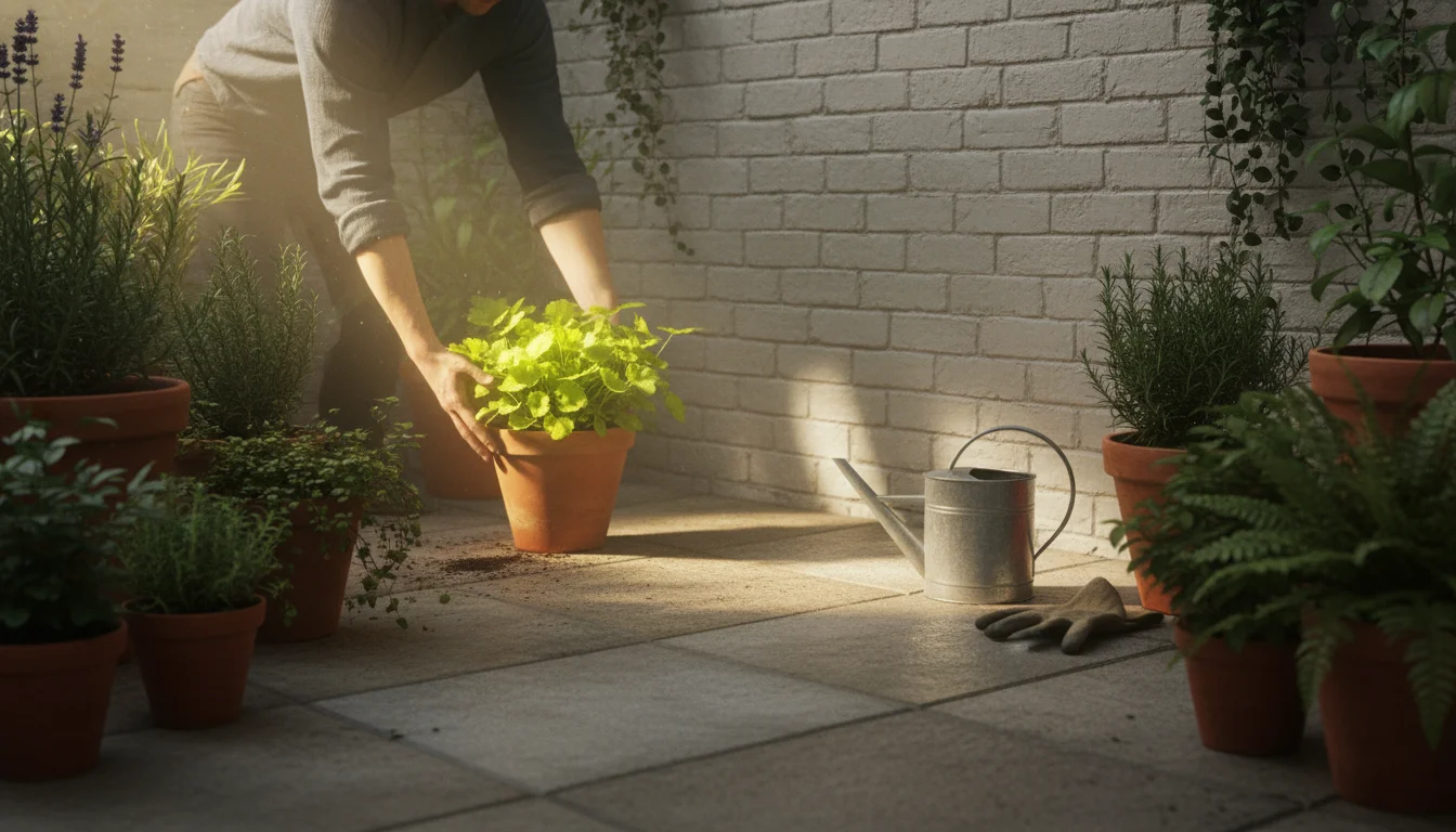 A gardener slides a lime-green Heuchera in a terracotta pot from a sunny patio spot into the shade near a whitewashed wall.