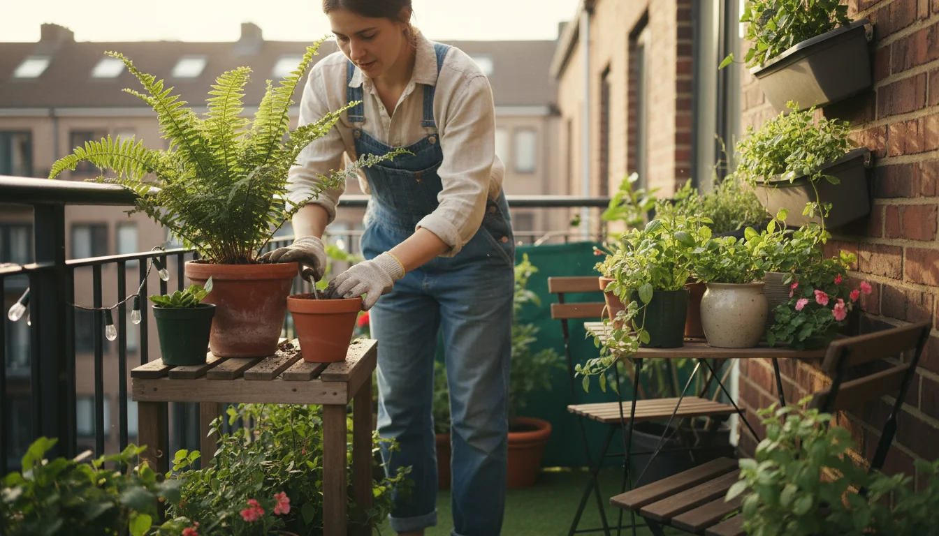 A gardener on a small balcony gently moves lush fern leaves, revealing a small, hidden terracotta pot.