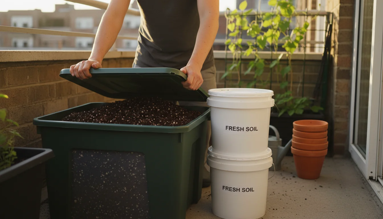 A gardener on a small balcony seals a large plastic bin of potting soil. Beside it are stacked 5-gallon buckets of soil, with empty pots in the backgr