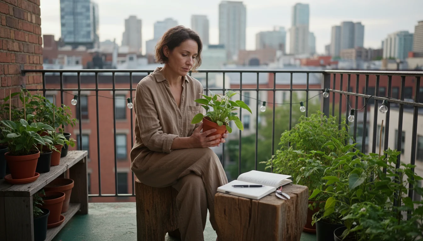 A gardener on a small balcony thoughtfully examines a potted leafy plant. An open journal is nearby.