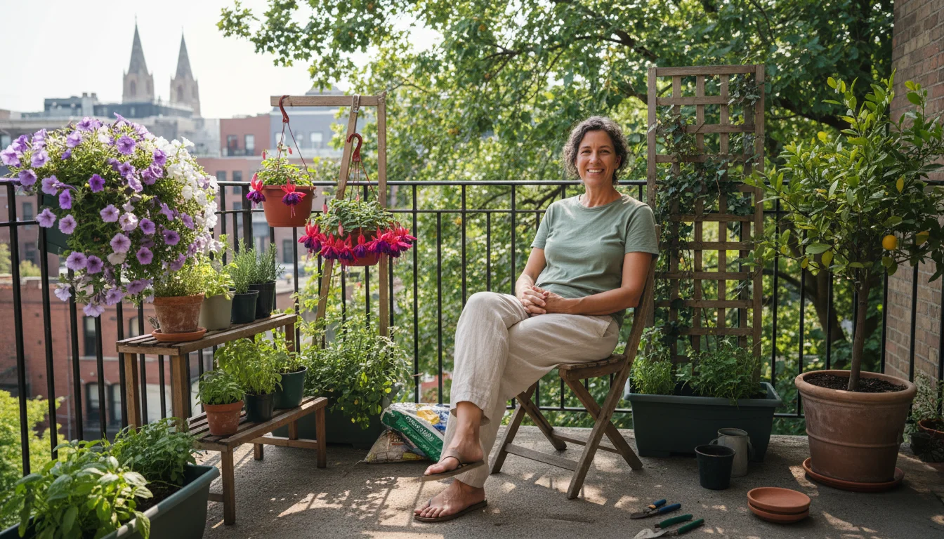 Gardener on a small, sun-dappled balcony, surrounded by various container plants, thoughtfully consulting an open gardening book or tablet.