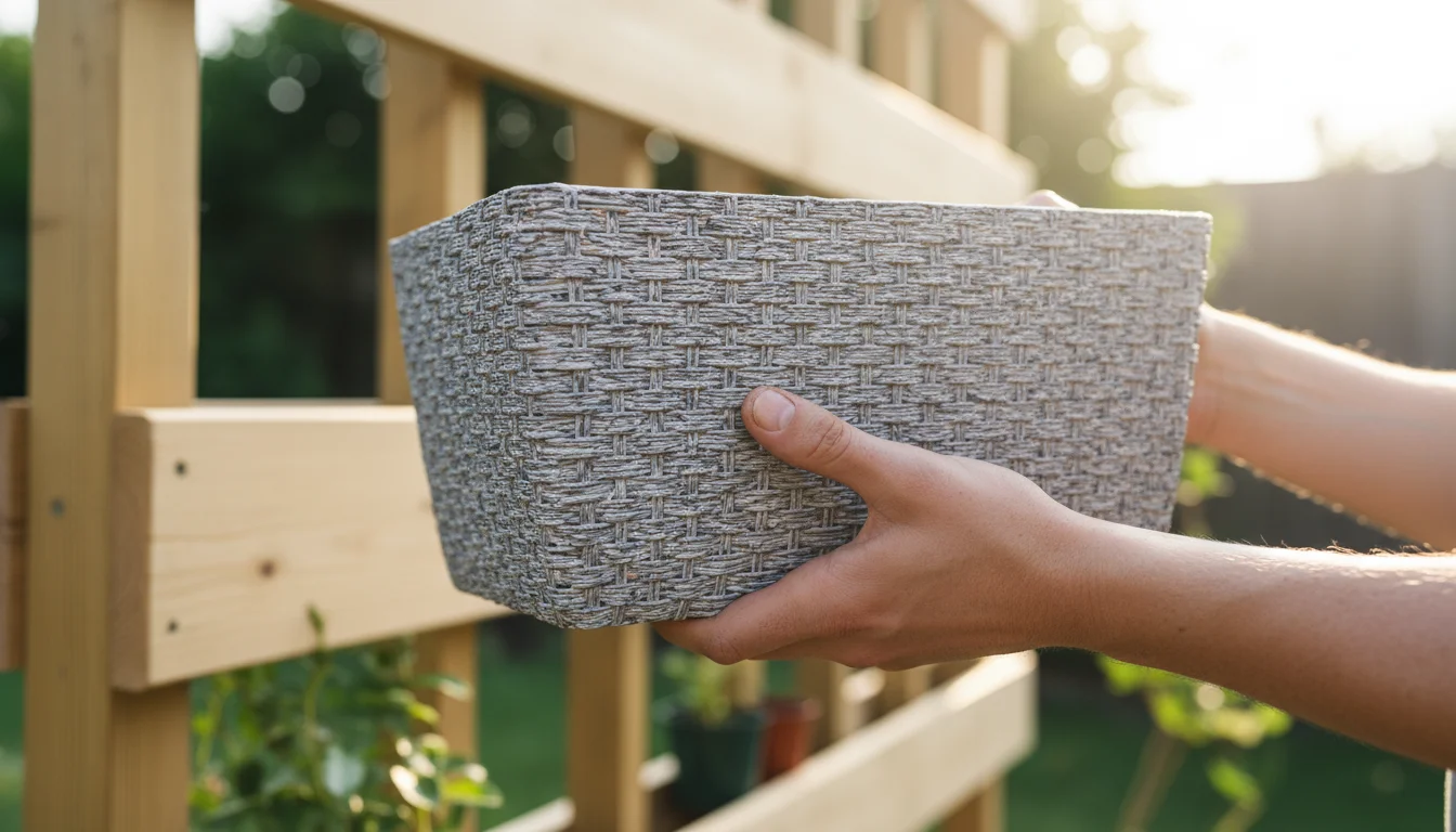 Gardener's soil-dusted hands hold a textured grey recycled plastic planter. Blurred FSC-certified wooden vertical planter in background.