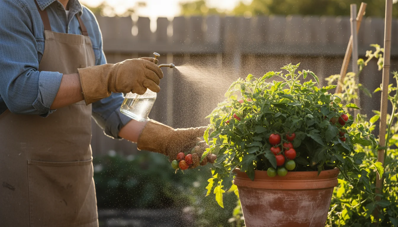 A gardener sprays a container tomato plant with neem oil. A second bottle of insecticidal soap sits nearby on a wooden stool.