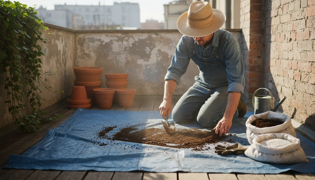 Gardener spreading old potting mix on a blue tarp on an urban balcony, with perlite, compost, and empty pots nearby.