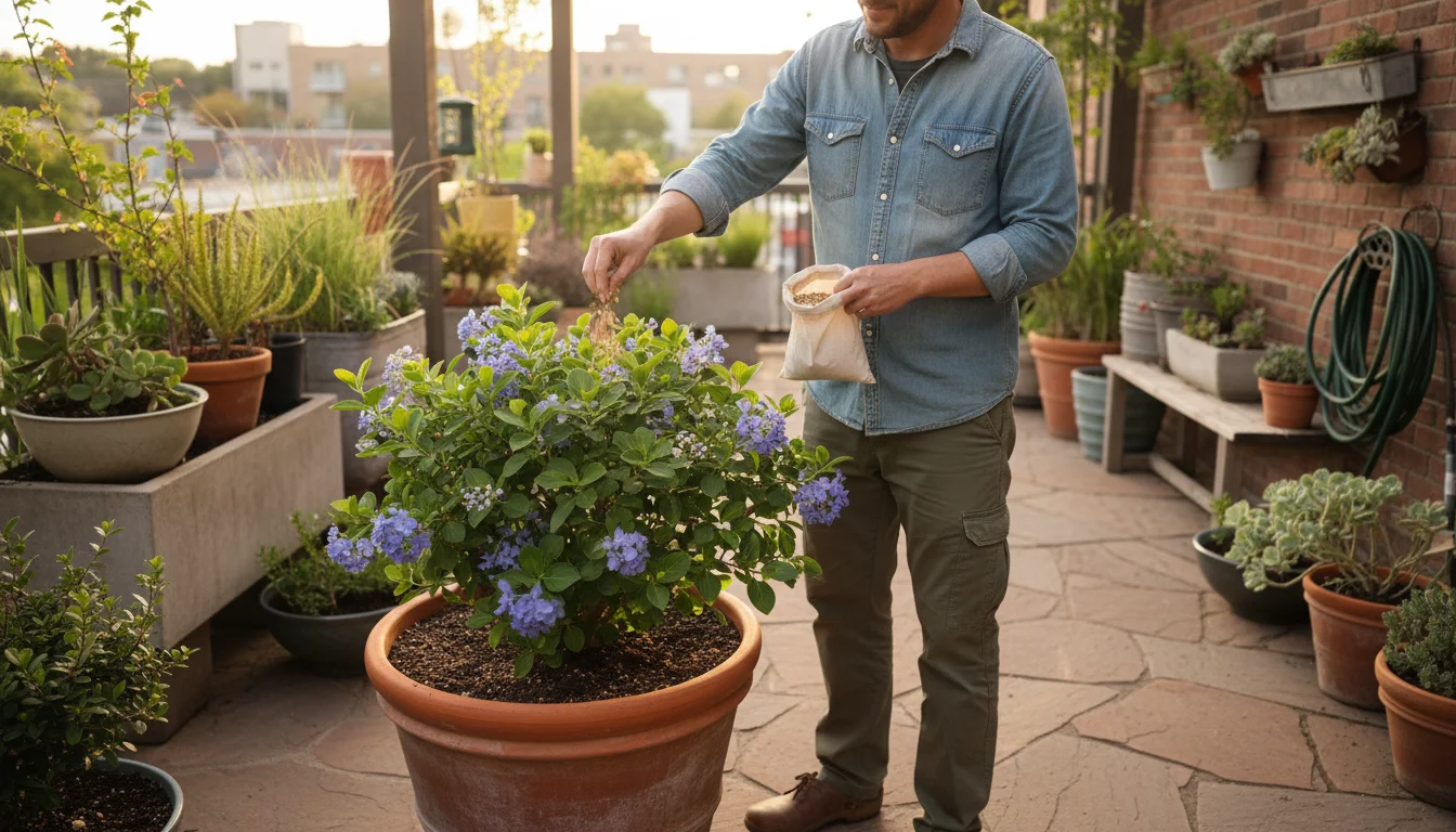 A gardener sprinkles slow-release organic fertilizer onto the rich soil of a thriving potted native plant on a sunlit patio.