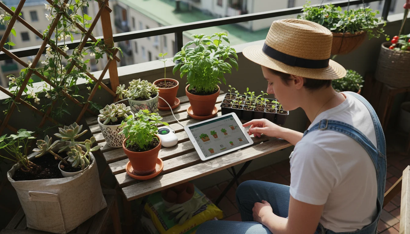 A gardener on a sun-dappled balcony looks at a tablet displaying a garden planning app, with a smart soil sensor in a nearby pot.