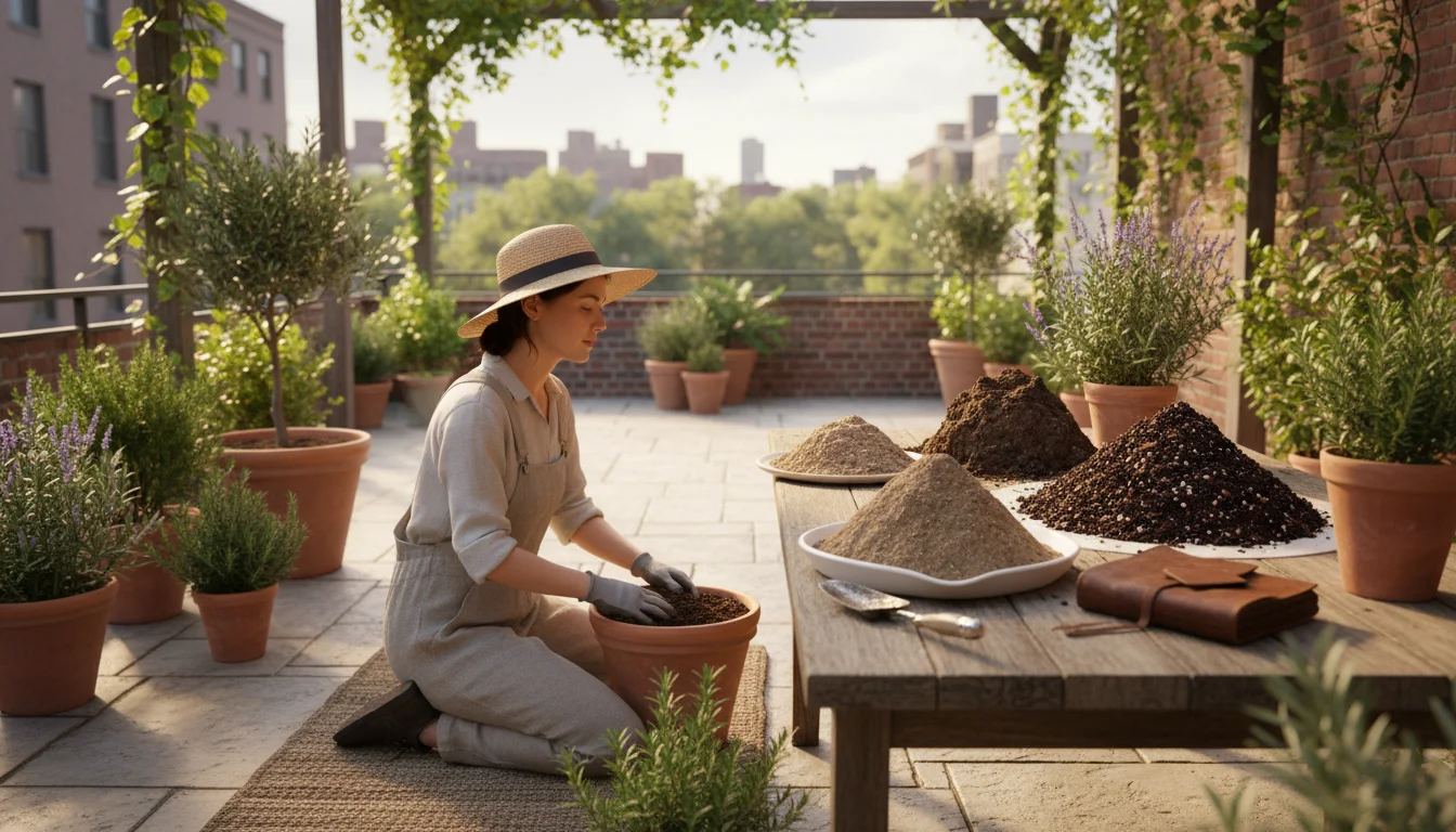 Gardener on a sun-dappled patio thoughtfully examining three distinct piles of soil (sandy, loamy, clay) from a squeeze test, with a home soil testing
