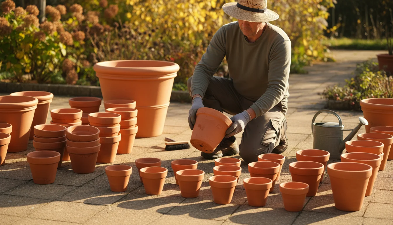 A gardener on a sun-drenched patio arranges clean terracotta pots of various sizes for air drying before winter storage.