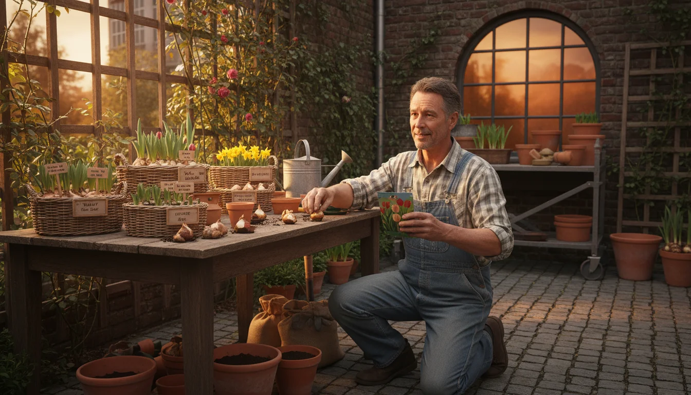 A gardener on a sunlit patio thoughtfully selects various spring bulbs from labeled baskets on a wooden table, planning a container garden.