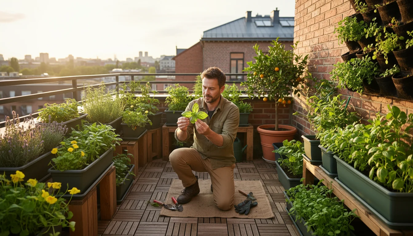A gardener on a sunlit urban balcony carefully inspects a basil plant leaf, surrounded by healthy container plants and vertical planters.