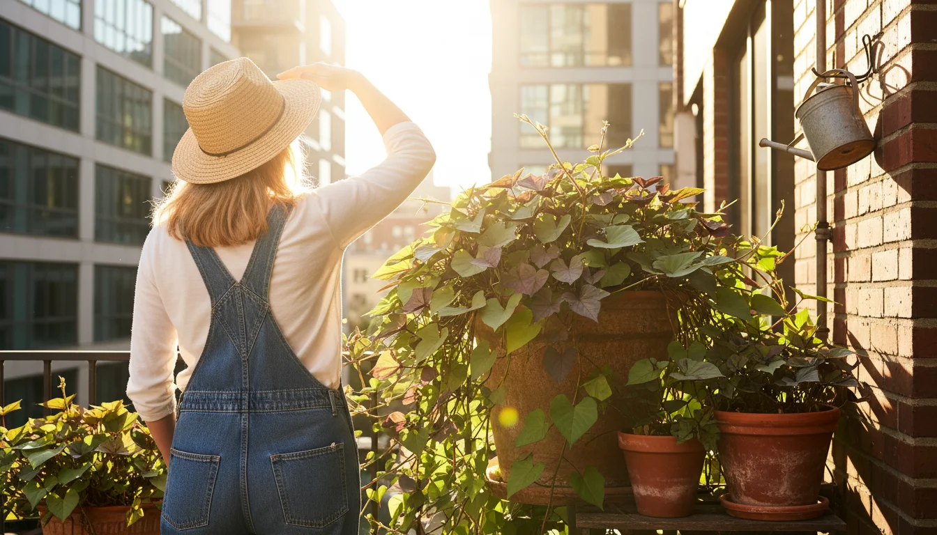 Gardener on a sunny balcony cups hand over sweet potato vine in terracotta pot, gauging direct afternoon sun.