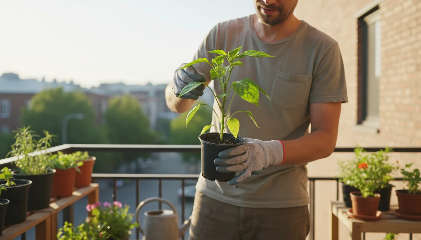 A gardener on a sunny balcony meticulously inspects the underside of a new pepper plant's leaf, surrounded by thriving container plants.