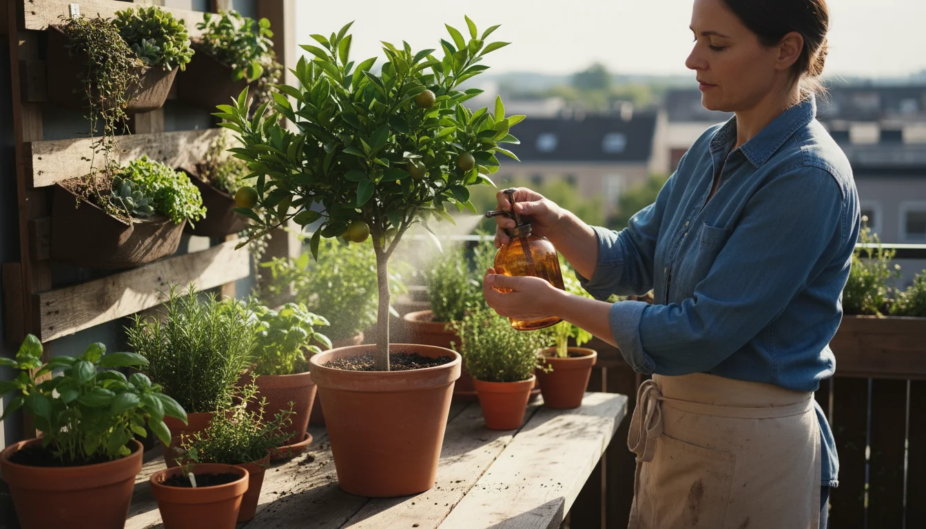 Gardener on a sunny balcony gently sprays the underside of a container plant's leaves with an amber bottle, inspecting for pests.