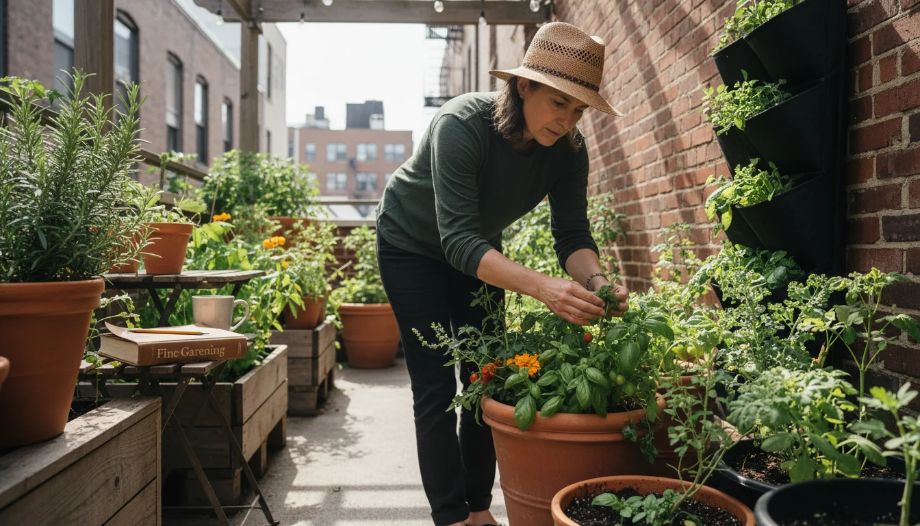 Gardener on a sunny patio carefully examines companion-planted herbs and vegetables in various pots, with a journal on a nearby table.