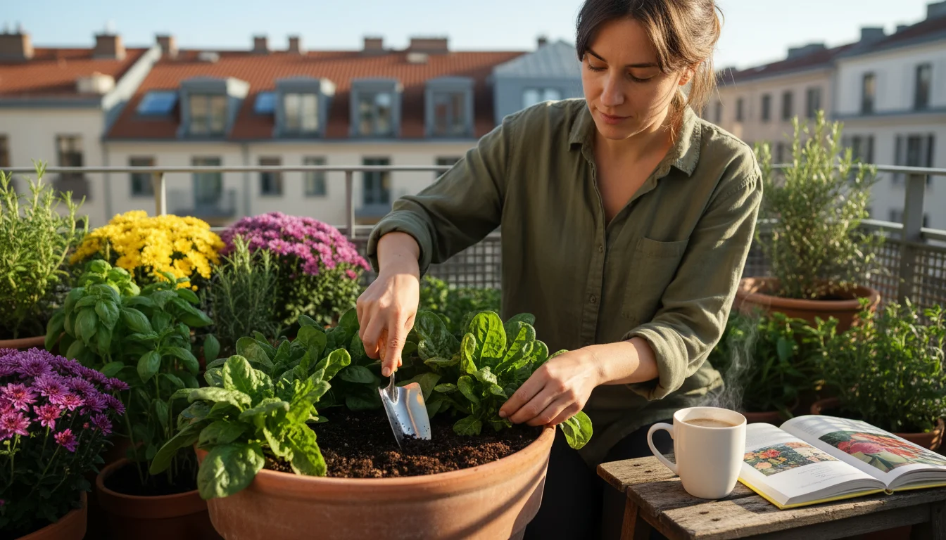 A gardener on a sunny urban balcony adds compost to a terracotta pot of spinach, surrounded by other container plants and a small compost bin.