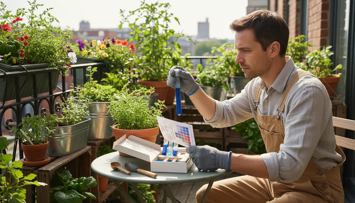 Gardener on a sunny urban balcony comparing soil test kit results on a color chart, with thriving container plants in the background.