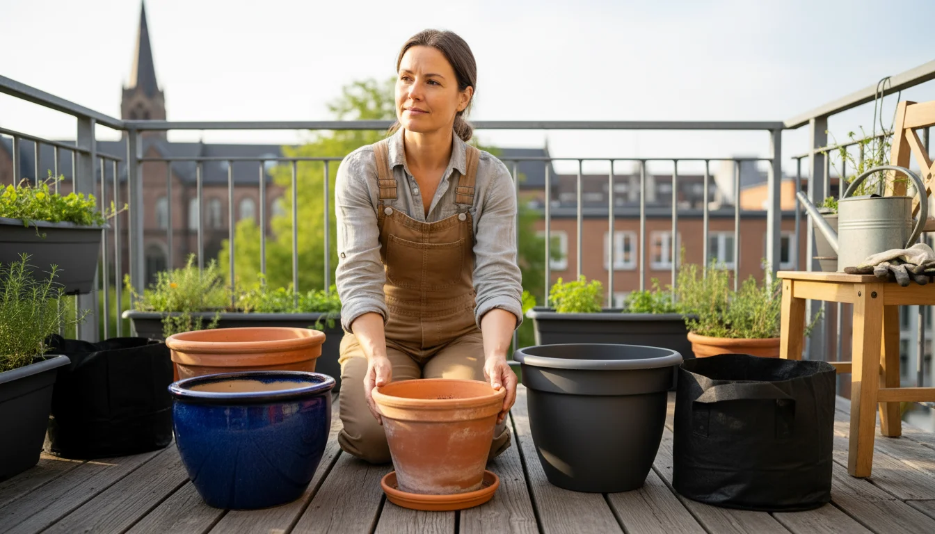 Gardener thoughtfully arranging empty terracotta, plastic, ceramic, and fabric pots on a small urban balcony floor.