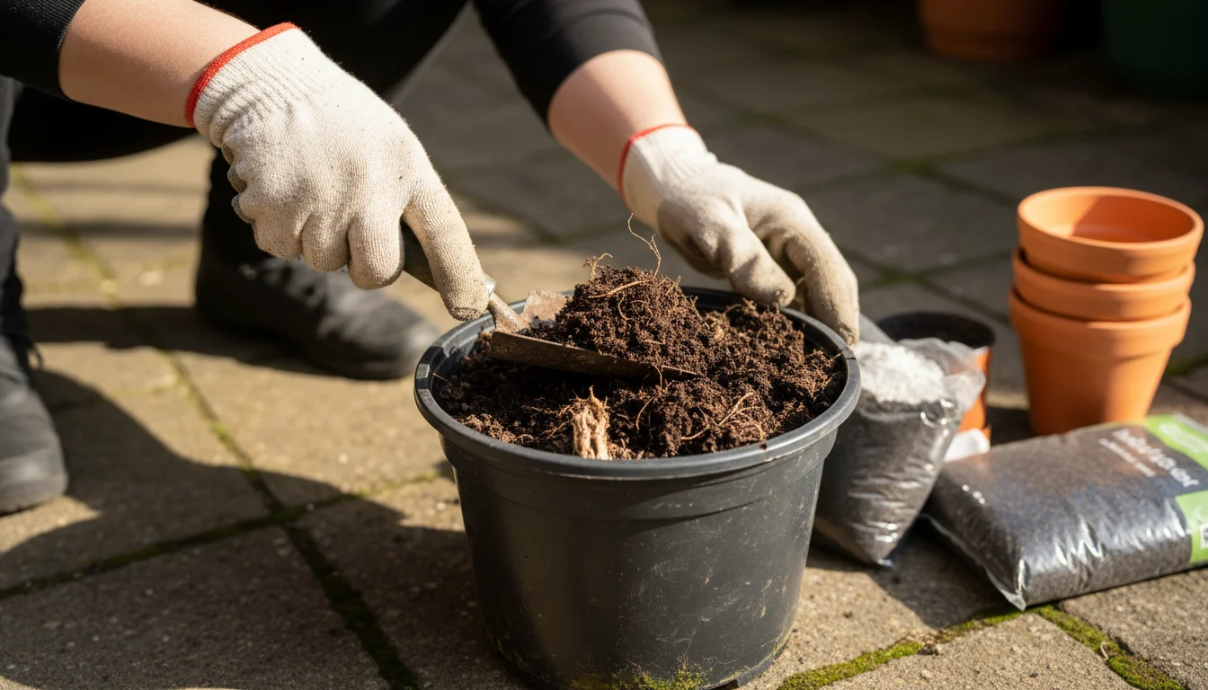 A gardener thoughtfully examines dark, clumpy, spent potting soil in an old pot on a sunny patio, deciding whether to reuse it. Healthy plants thrive