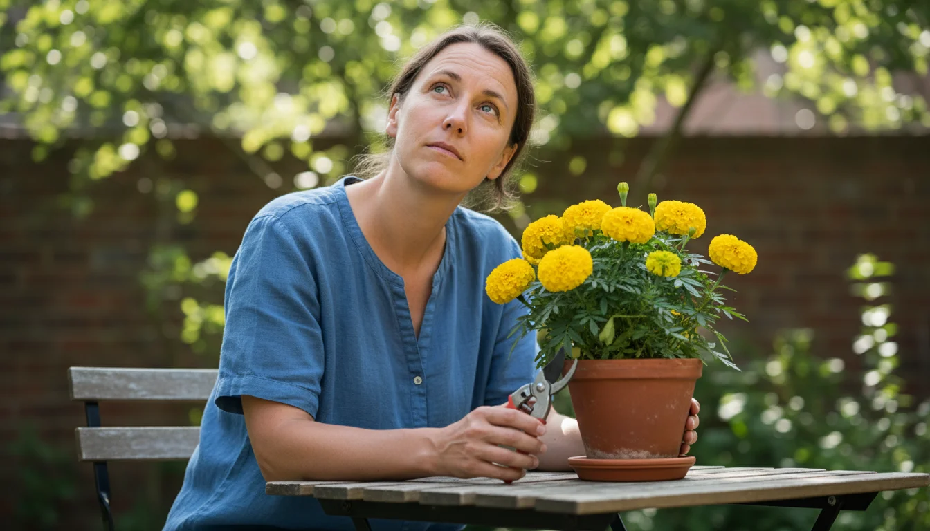 A gardener thoughtfully holds bypass pruners, paused above a potted marigold on a balcony table, contemplating the next pruning cut.