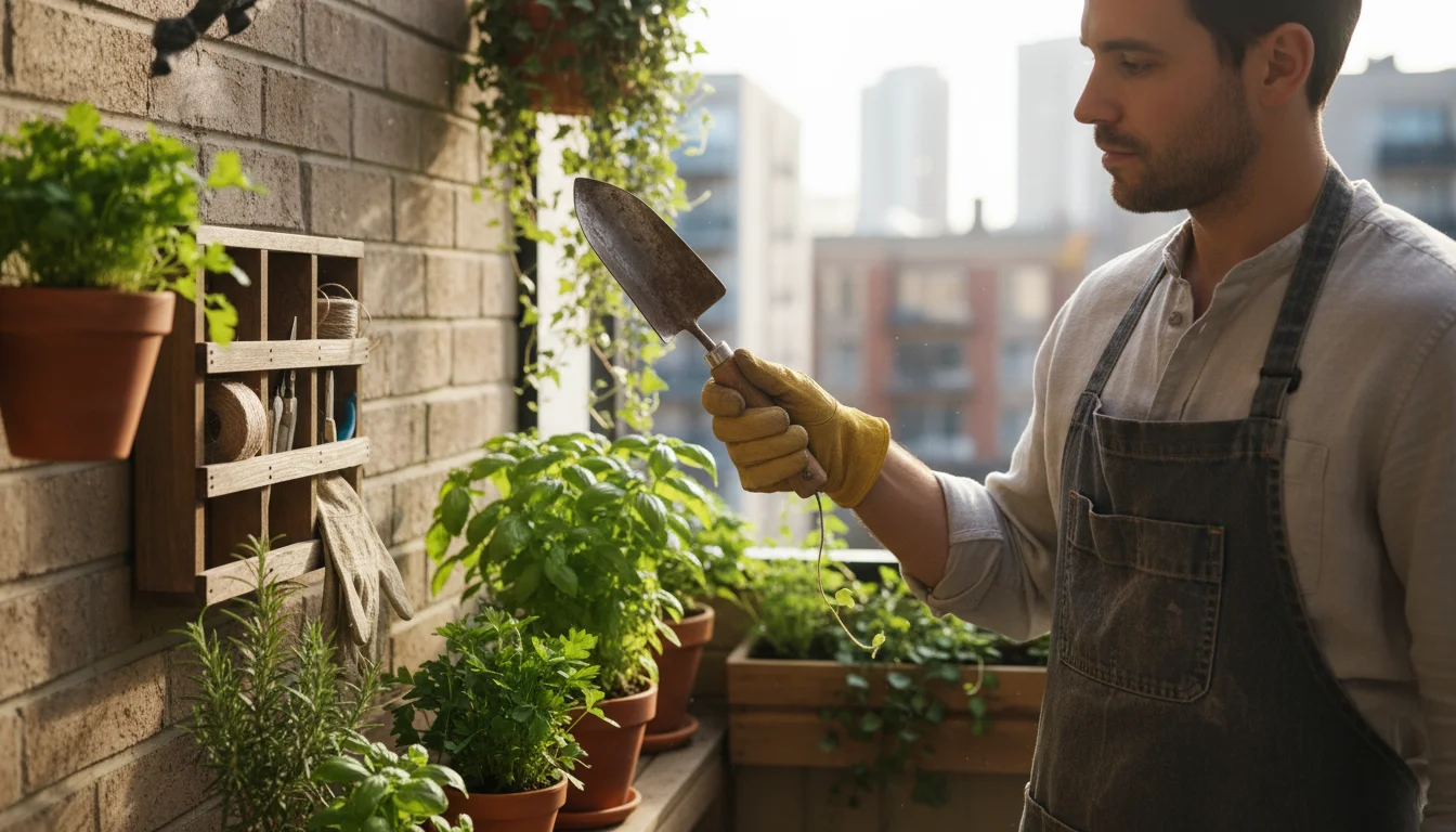 A gardener thoughtfully holds a hand trowel above a rustic wall-mounted tool organizer on a small balcony with potted plants.