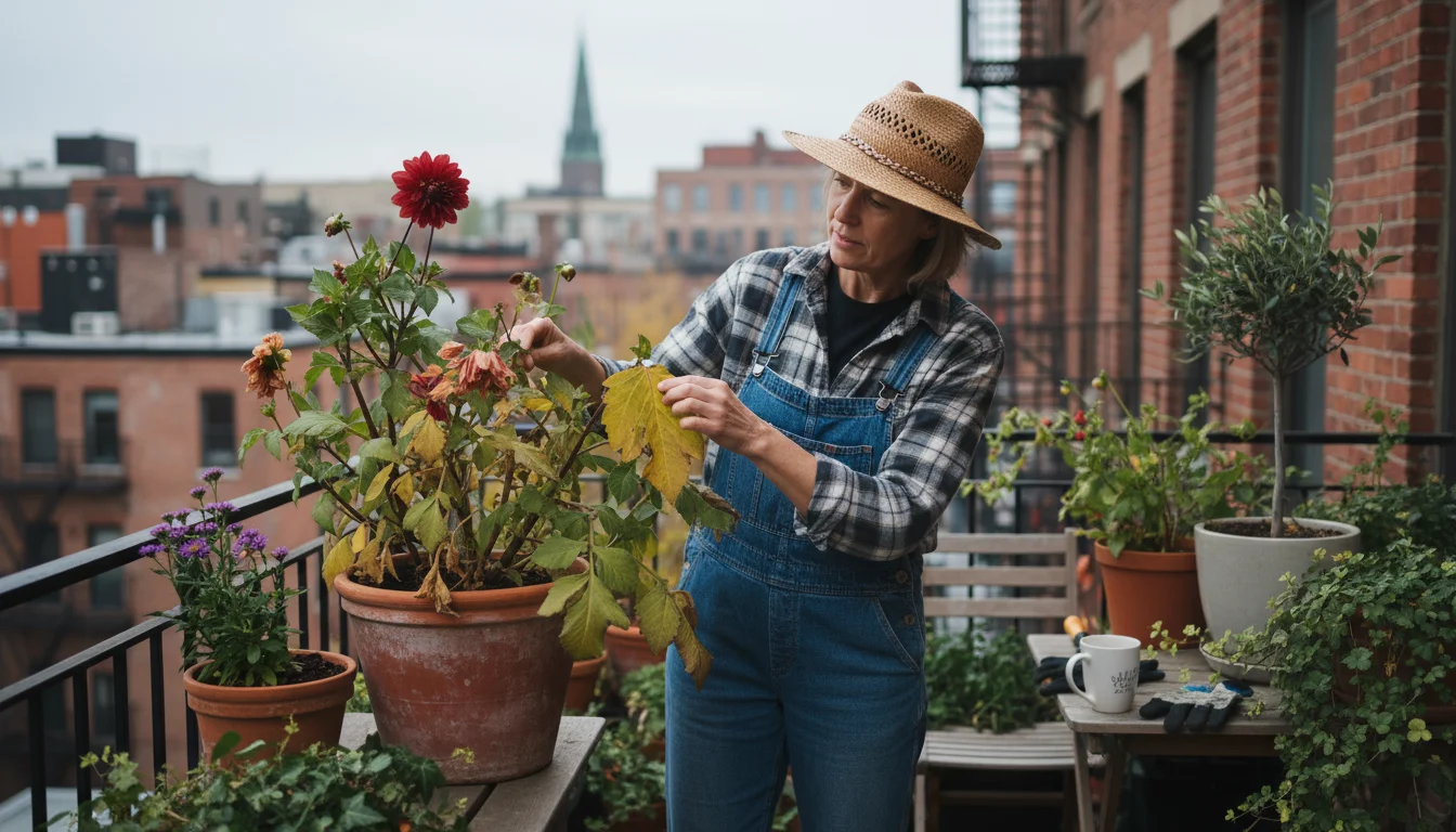Gardener thoughtfully touches a dahlia leaf showing early autumn yellowing in a terracotta pot on an urban patio, assessing its readiness.