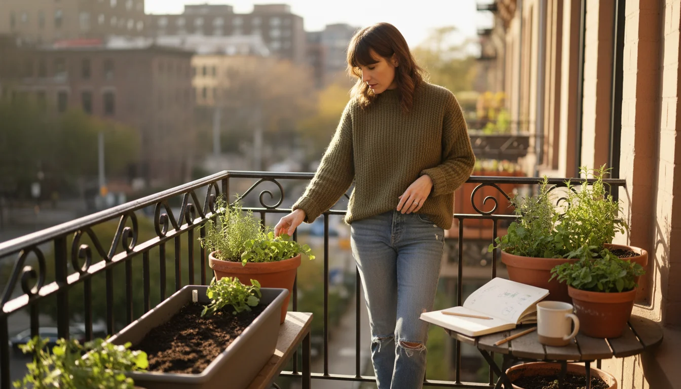 Gardener on tidy balcony with refreshed container plants, open garden notebook, and pencil in soft autumn light, reflecting on questions.