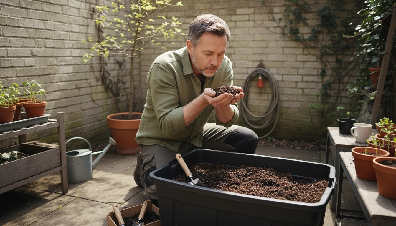 A gardener on a tidy patio kneels beside a bin of dark potting soil, bringing a handful to their nose to check its freshness.