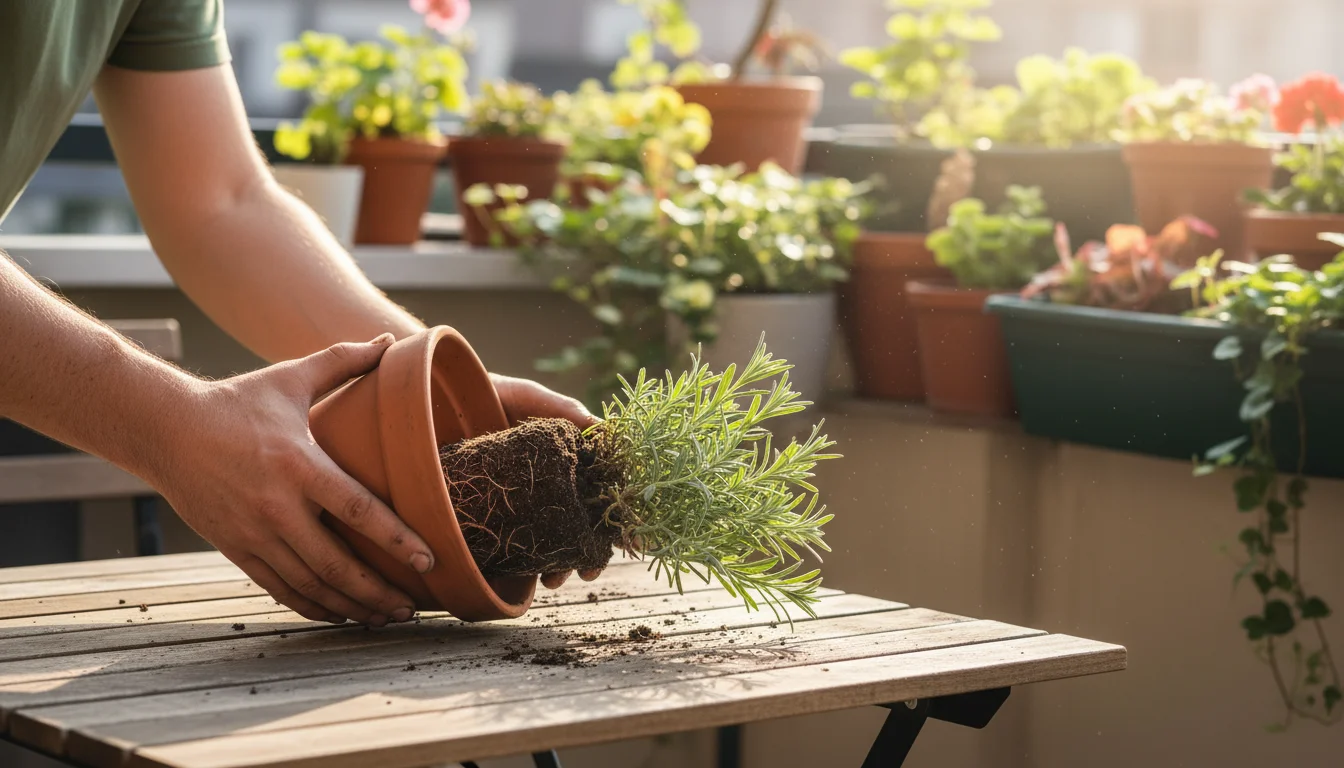 A gardener gently tips a terracotta pot on its side, carefully supporting the soil and plant roots as they slide out.