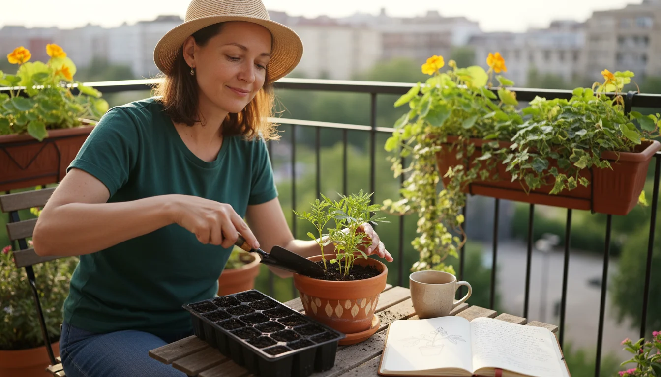 A gardener carefully transplants sturdy, vibrant green seedlings into a terracotta pot on a small urban balcony, with an open journal nearby.